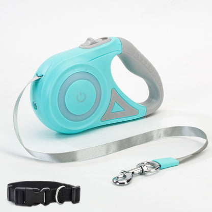 Laisse pour chien rétractable et collier avec lumière intégrée — corde de traction automatique pour chien ou chat, adaptée aux animaux de petite et moyenne taille.