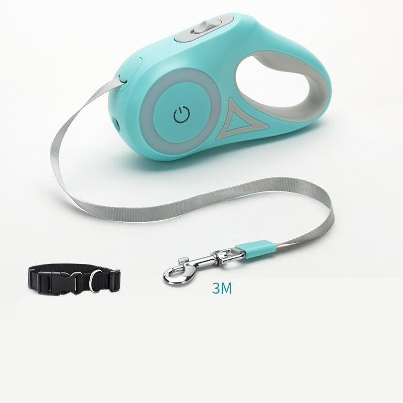 Laisse pour chien rétractable et collier avec lumière intégrée — corde de traction automatique pour chien ou chat, adaptée aux animaux de petite et moyenne taille.