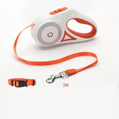 Laisse pour chien rétractable et collier avec lumière intégrée — corde de traction automatique pour chien ou chat, adaptée aux animaux de petite et moyenne taille.