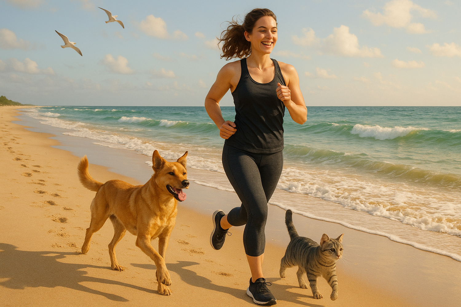 un chien ,un chat et une dame qui court sur une plage